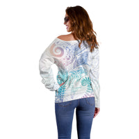 Aotearoa Maori Sea Animals Tribal Off Shoulder Sweater Manta Ray and Shark Moko Pattern Sweet Pastel LT03 - Polynesian Pride