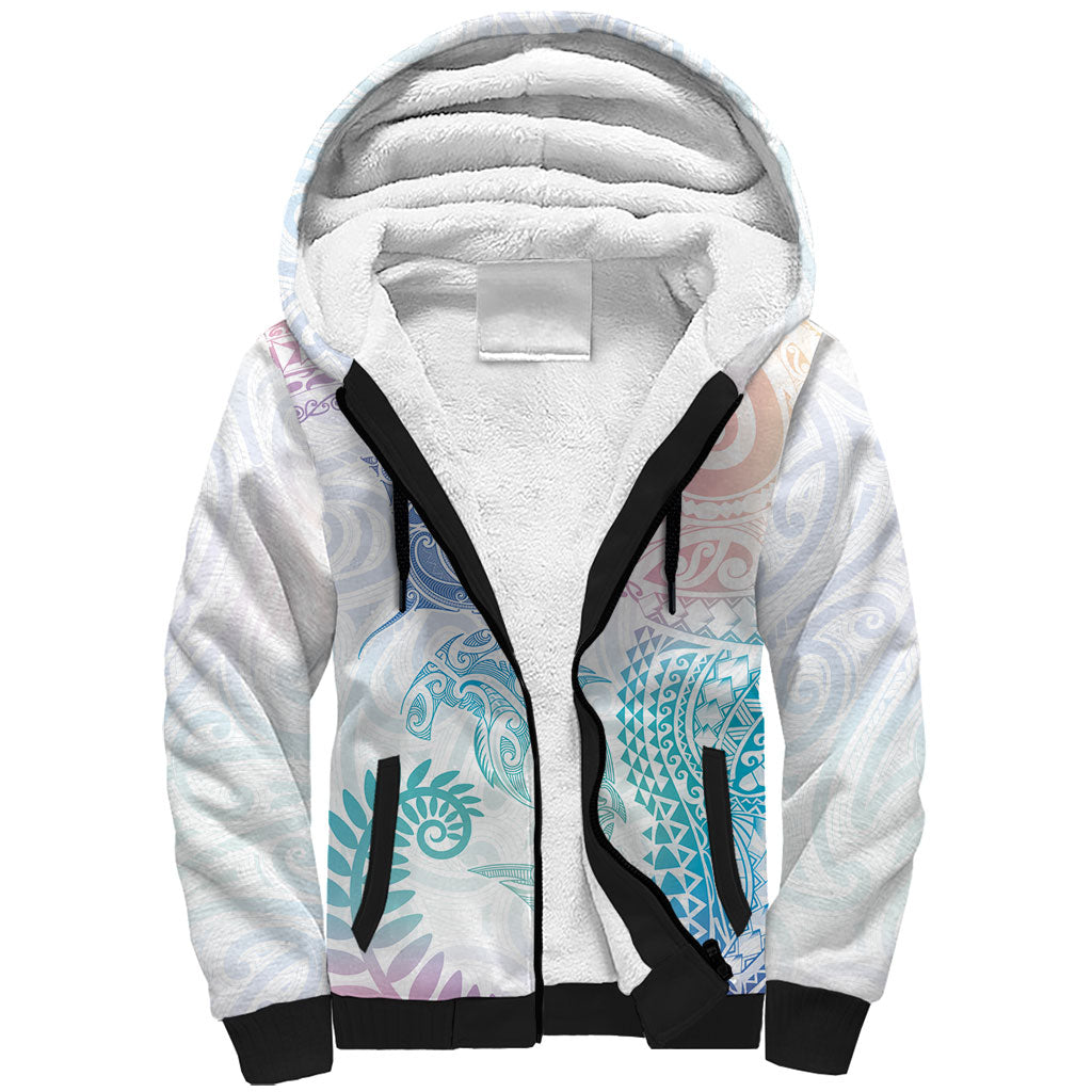 Aotearoa Maori Sea Animals Tribal Sherpa Hoodie Manta Ray and Shark Moko Pattern Sweet Pastel