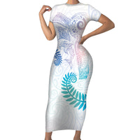 Aotearoa Maori Sea Animals Tribal Short Sleeve Bodycon Dress Manta Ray and Shark Moko Pattern Sweet Pastel LT03 Long Dress Multicolor - Polynesian Pride