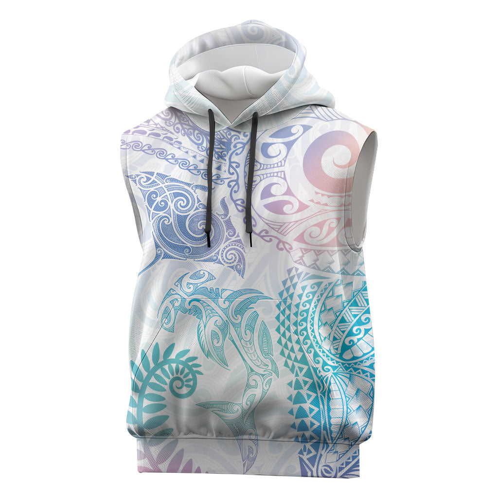 Aotearoa Maori Sea Animals Tribal Sleeveless Hoodie Manta Ray and Shark Moko Pattern Sweet Pastel