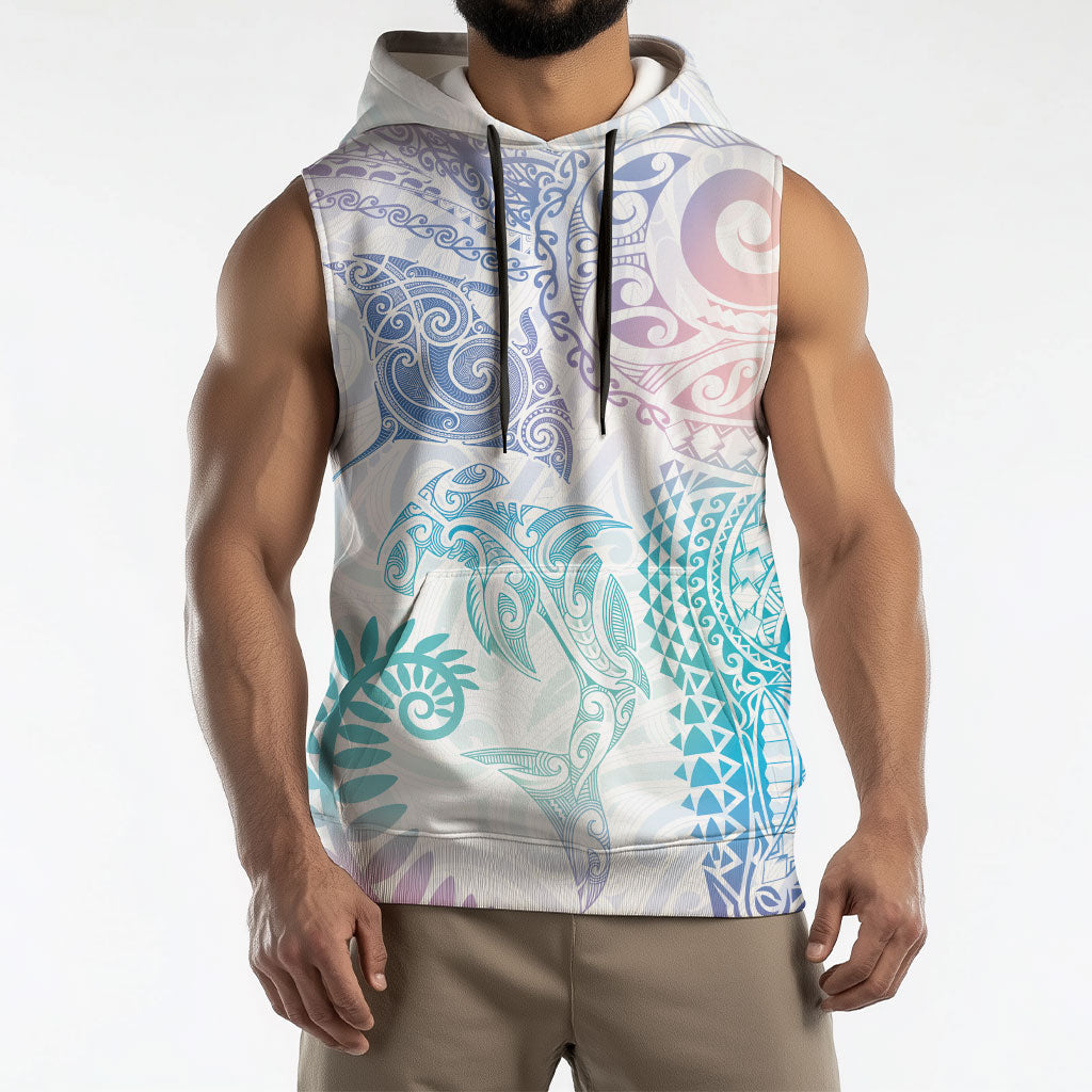 Aotearoa Maori Sea Animals Tribal Sleeveless Hoodie Manta Ray and Shark Moko Pattern Sweet Pastel