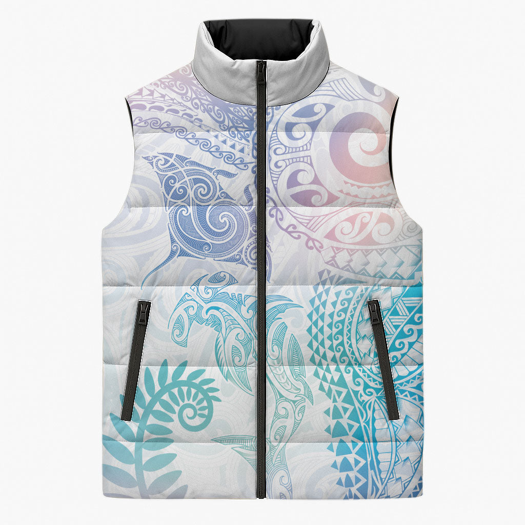Aotearoa Maori Sea Animals Tribal Sleeveless Puffer Jacket Manta Ray and Shark Moko Pattern Sweet Pastel
