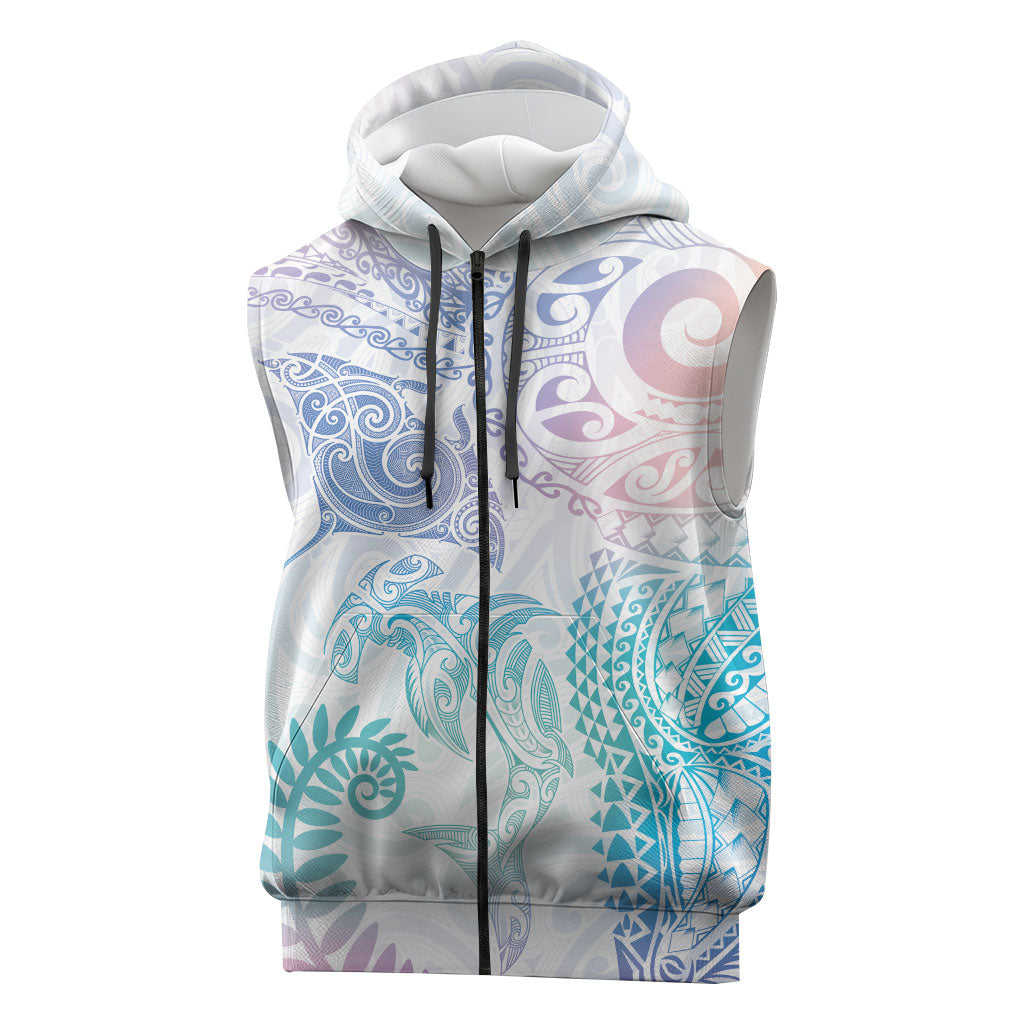 Aotearoa Maori Sea Animals Tribal Sleeveless Zip Hoodie Manta Ray and Shark Moko Pattern Sweet Pastel