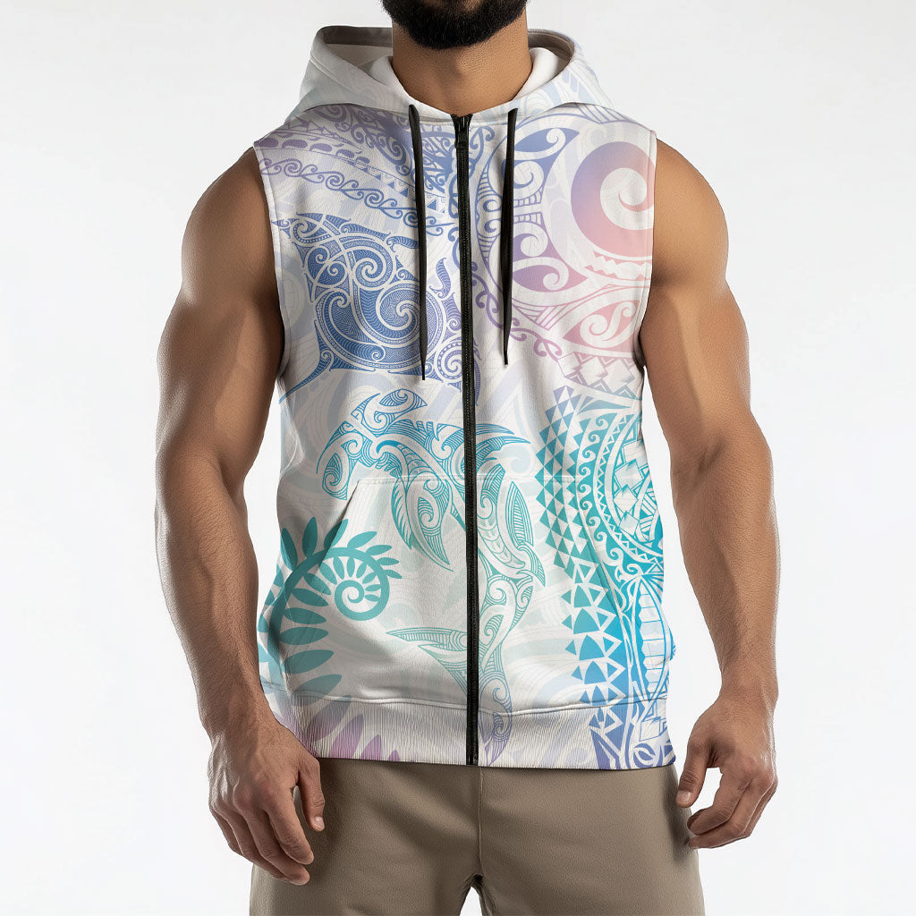 Aotearoa Maori Sea Animals Tribal Sleeveless Zip Hoodie Manta Ray and Shark Moko Pattern Sweet Pastel