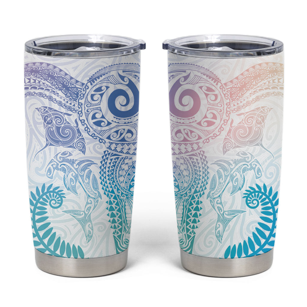 Aotearoa Maori Sea Animals Tribal Tumbler Cup Manta Ray and Shark Moko Pattern Sweet Pastel