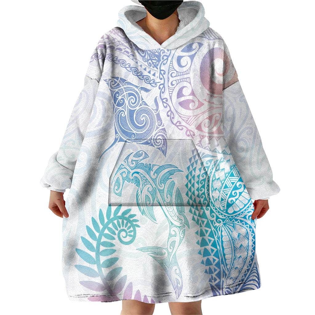 Aotearoa Maori Sea Animals Tribal Wearable Blanket Hoodie Manta Ray and Shark Moko Pattern Sweet Pastel LT03 - Polynesian Pride