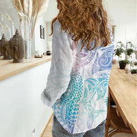 Aotearoa Maori Sea Animals Tribal Women Casual Shirt Manta Ray and Shark Moko Pattern Sweet Pastel LT03 - Polynesian Pride