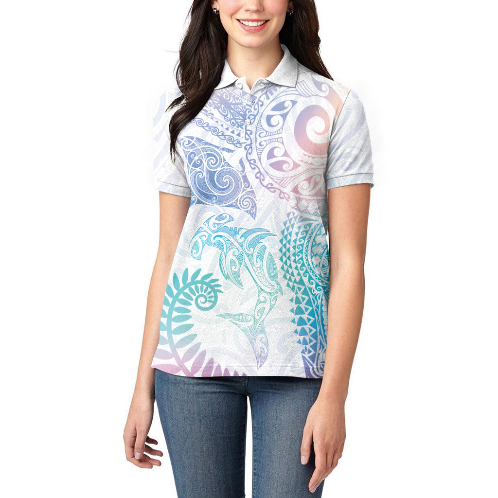 Aotearoa Maori Sea Animals Tribal Women Polo Shirt Manta Ray and Shark Moko Pattern Sweet Pastel LT03 - Polynesian Pride