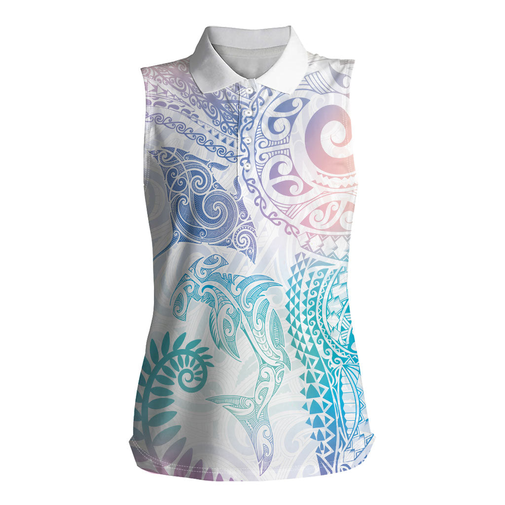 Aotearoa Maori Sea Animals Tribal Women Sleeveless Polo Shirt Manta Ray and Shark Moko Pattern Sweet Pastel LT03 Female Multicolor - Polynesian Pride