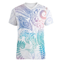 Aotearoa Maori Sea Animals Tribal Women V-Neck T-Shirt Manta Ray and Shark Moko Pattern Sweet Pastel LT03 Female Multicolor - Polynesian Pride