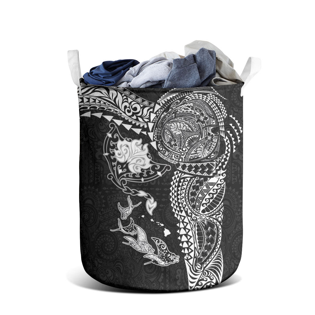 Hawaiian Manta Ray Tribal Laundry Basket Polynesian Art Motifs Black Color