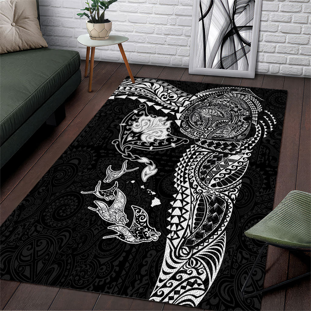 Hawaiian Manta Ray Tribal Area Rug Polynesian Art Motifs Black Color