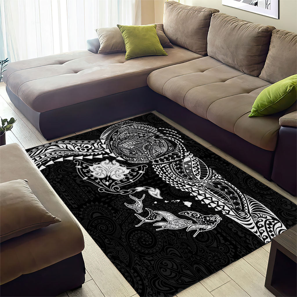 Hawaiian Manta Ray Tribal Area Rug Polynesian Art Motifs Black Color