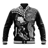 Hawaiian Manta Ray Tribal Baseball Jacket Polynesian Art Motifs Black Color