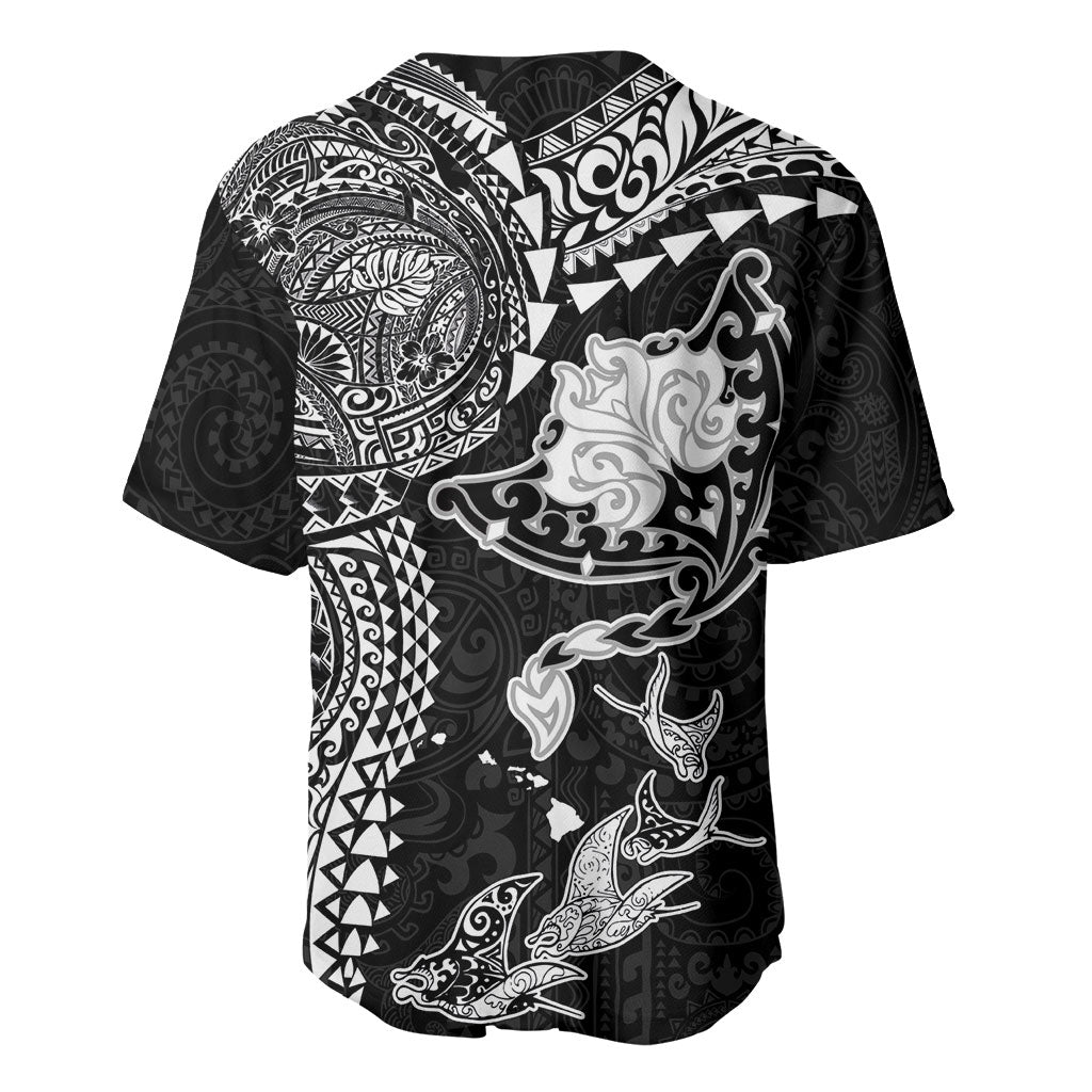 Hawaiian Manta Ray Tribal Baseball Jersey Polynesian Art Motifs Black Color