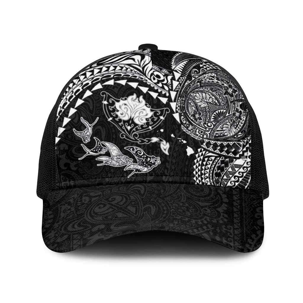 Hawaiian Manta Ray Tribal Baseball Net Cap Polynesian Art Motifs Black Color