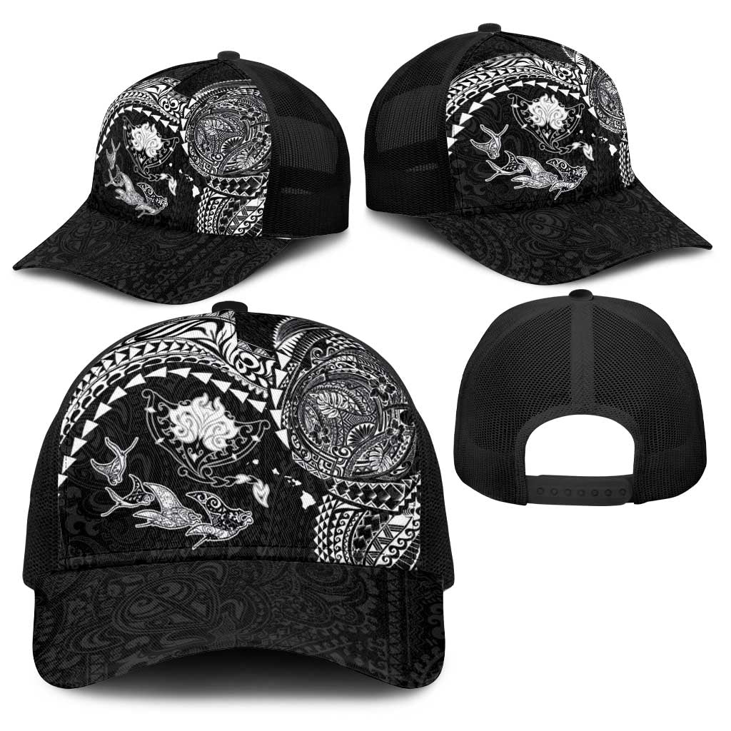 Hawaiian Manta Ray Tribal Baseball Net Cap Polynesian Art Motifs Black Color