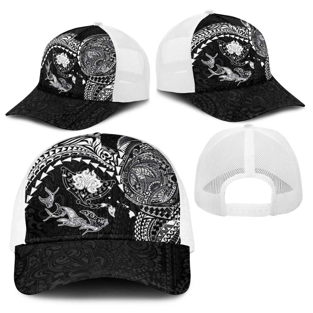 Hawaiian Manta Ray Tribal Baseball Net Cap Polynesian Art Motifs Black Color
