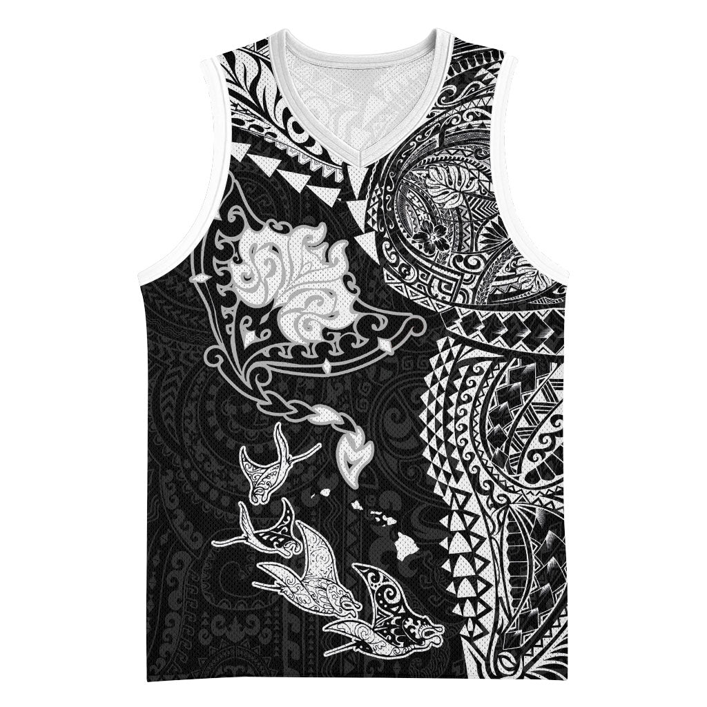 Hawaiian Manta Ray Tribal Basketball Jersey Polynesian Art Motifs Black Color