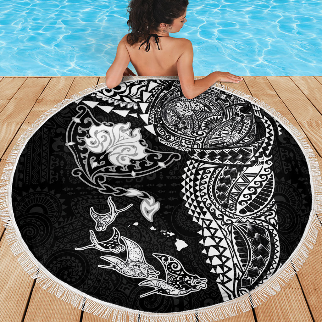 Hawaiian Manta Ray Tribal Beach Blanket Polynesian Art Motifs Black Color