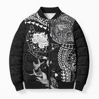 Hawaiian Manta Ray Tribal Bomber Puffer Jacket Polynesian Art Motifs Black Color