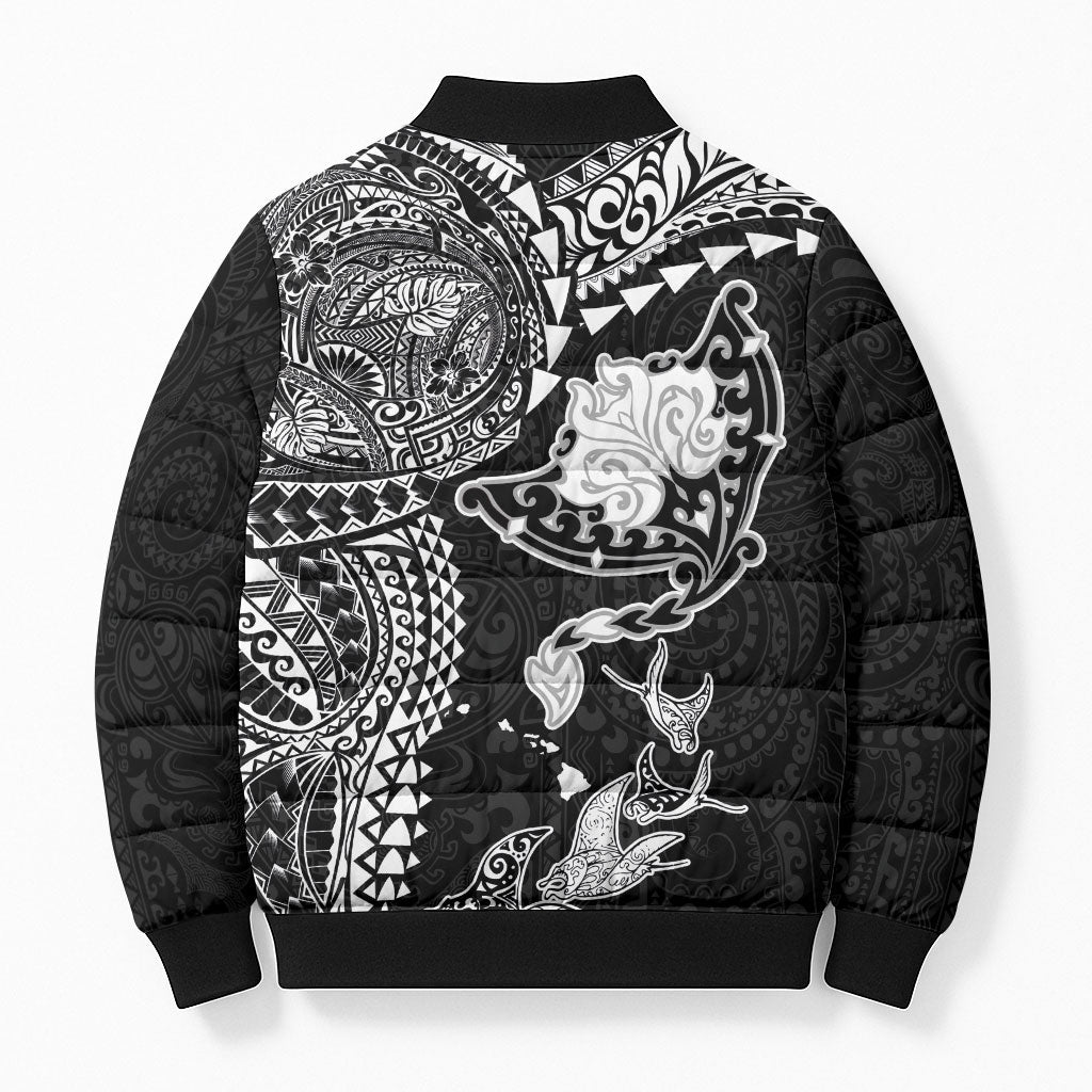 Hawaiian Manta Ray Tribal Bomber Puffer Jacket Polynesian Art Motifs Black Color