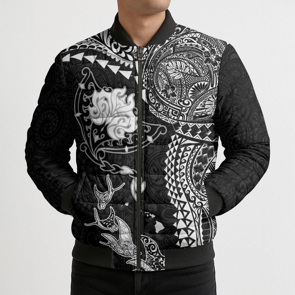 Hawaiian Manta Ray Tribal Bomber Puffer Jacket Polynesian Art Motifs Black Color