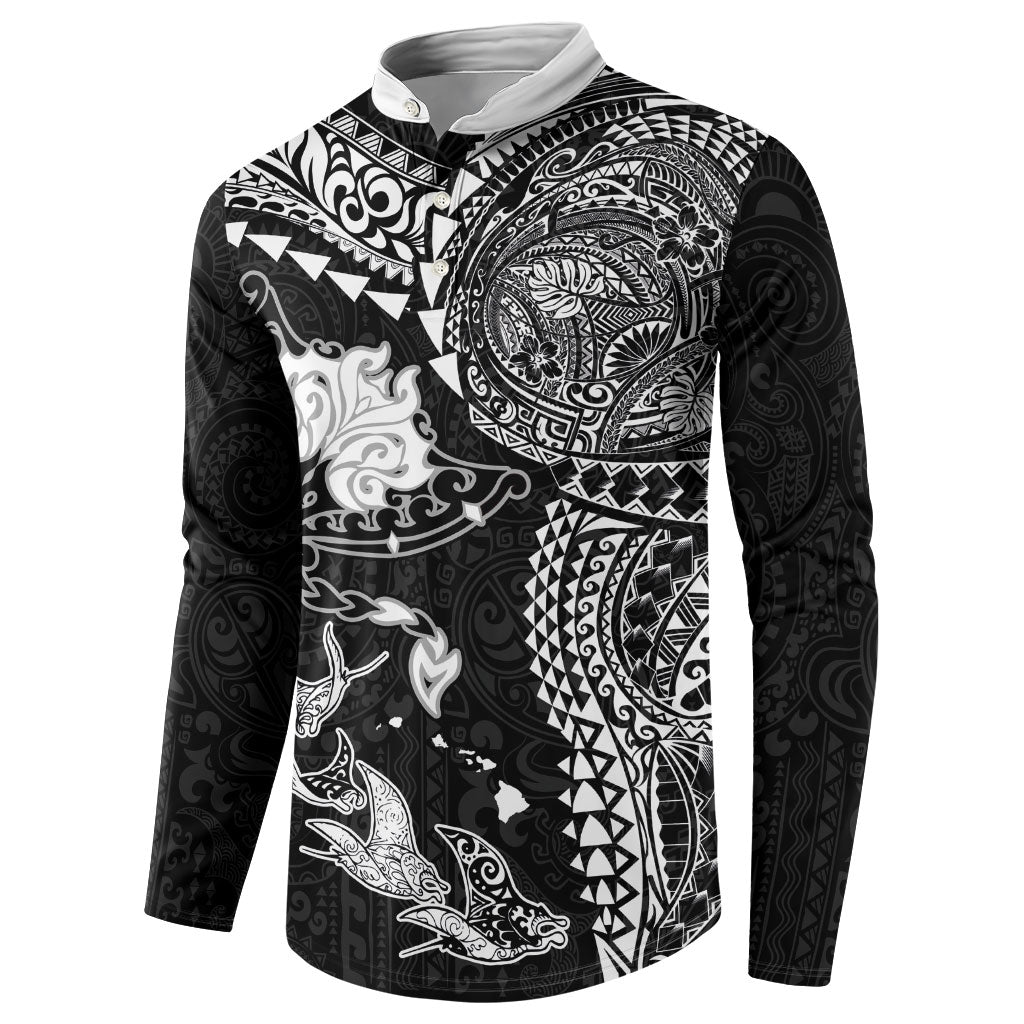 Hawaiian Manta Ray Tribal Button Sweatshirt Polynesian Art Motifs Black Color