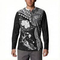 Hawaiian Manta Ray Tribal Button Sweatshirt Polynesian Art Motifs Black Color