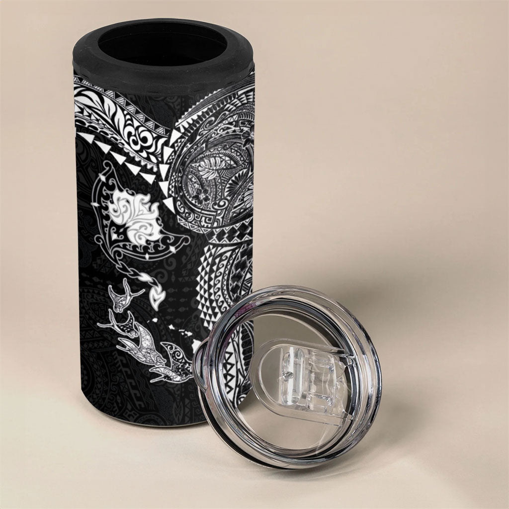 Hawaiian Manta Ray Tribal 4 in 1 Can Cooler Tumbler Polynesian Art Motifs Black Color