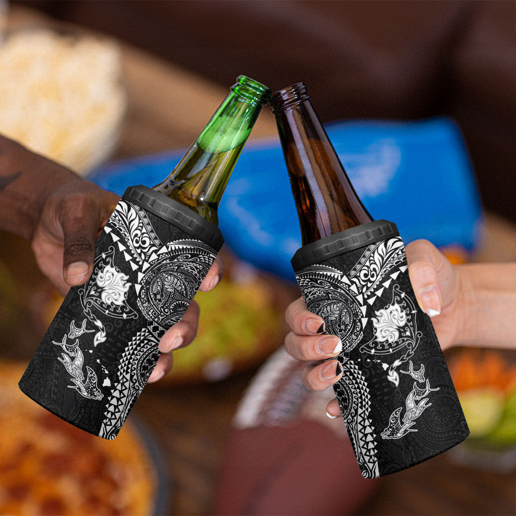Hawaiian Manta Ray Tribal 4 in 1 Can Cooler Tumbler Polynesian Art Motifs Black Color