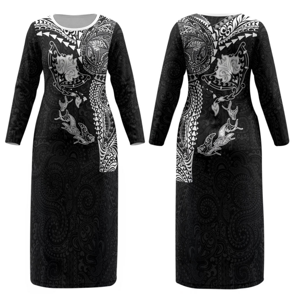 Hawaiian Manta Ray Tribal Couples Matching Long Sleeve Bodycon Dress and Hawaiian Shirt Polynesian Art Motifs Black Color LT03 - Polynesian Pride