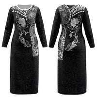 Hawaiian Manta Ray Tribal Couples Matching Long Sleeve Bodycon Dress and Hawaiian Shirt Polynesian Art Motifs Black Color LT03 - Polynesian Pride