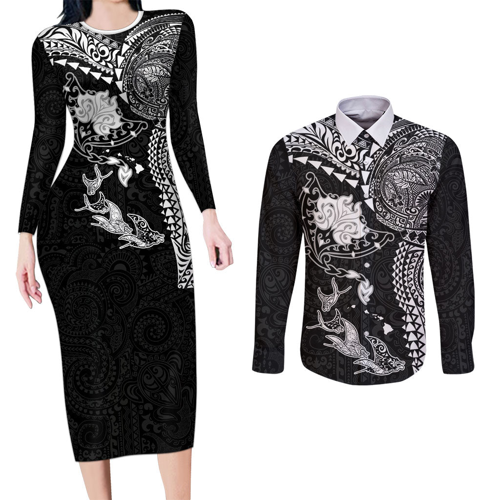 Hawaiian Manta Ray Tribal Couples Matching Long Sleeve Bodycon Dress and Long Sleeve Button Shirt Polynesian Art Motifs Black Color LT03 Black - Polynesian Pride