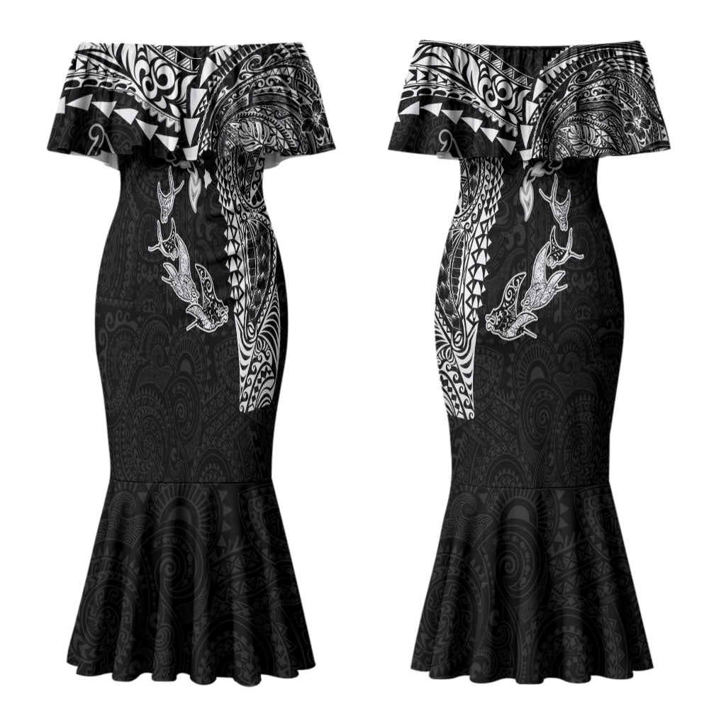 Hawaiian Manta Ray Tribal Couples Matching Mermaid Dress and Hawaiian Shirt Polynesian Art Motifs Black Color LT03 - Polynesian Pride