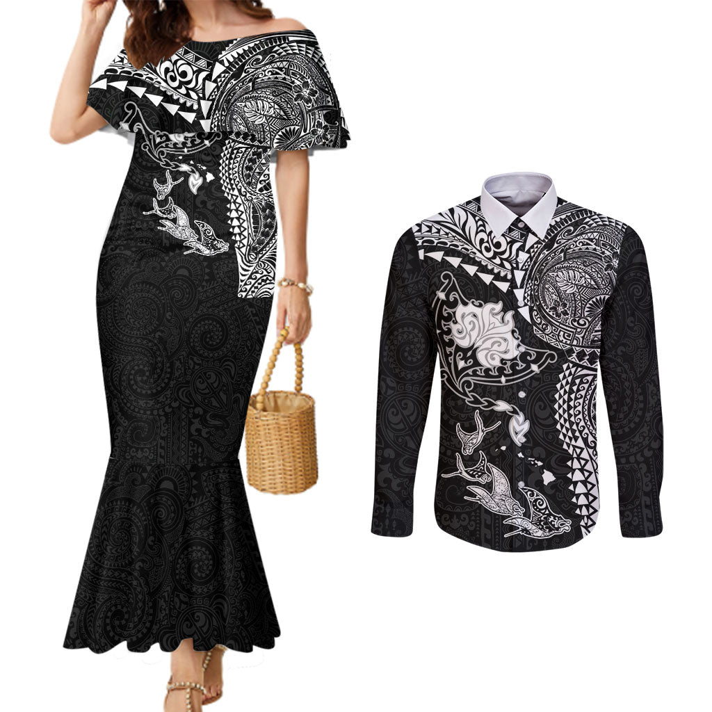 Hawaiian Manta Ray Tribal Couples Matching Mermaid Dress and Long Sleeve Button Shirt Polynesian Art Motifs Black Color