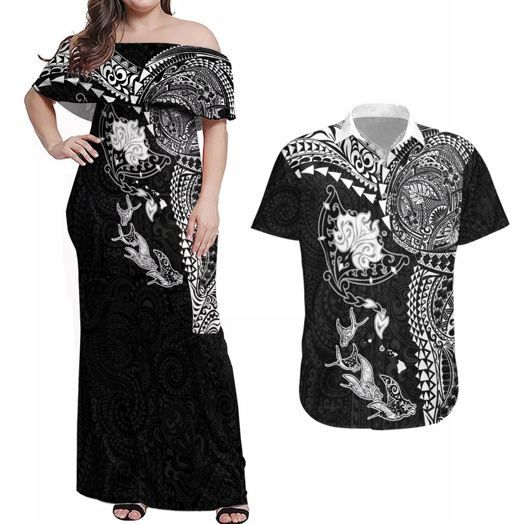 Hawaiian Manta Ray Tribal Couples Matching Off Shoulder Maxi Dress and Hawaiian Shirt Polynesian Art Motifs Black Color