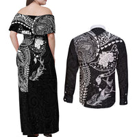 Hawaiian Manta Ray Tribal Couples Matching Off Shoulder Maxi Dress and Long Sleeve Button Shirt Polynesian Art Motifs Black Color LT03 - Polynesian Pride