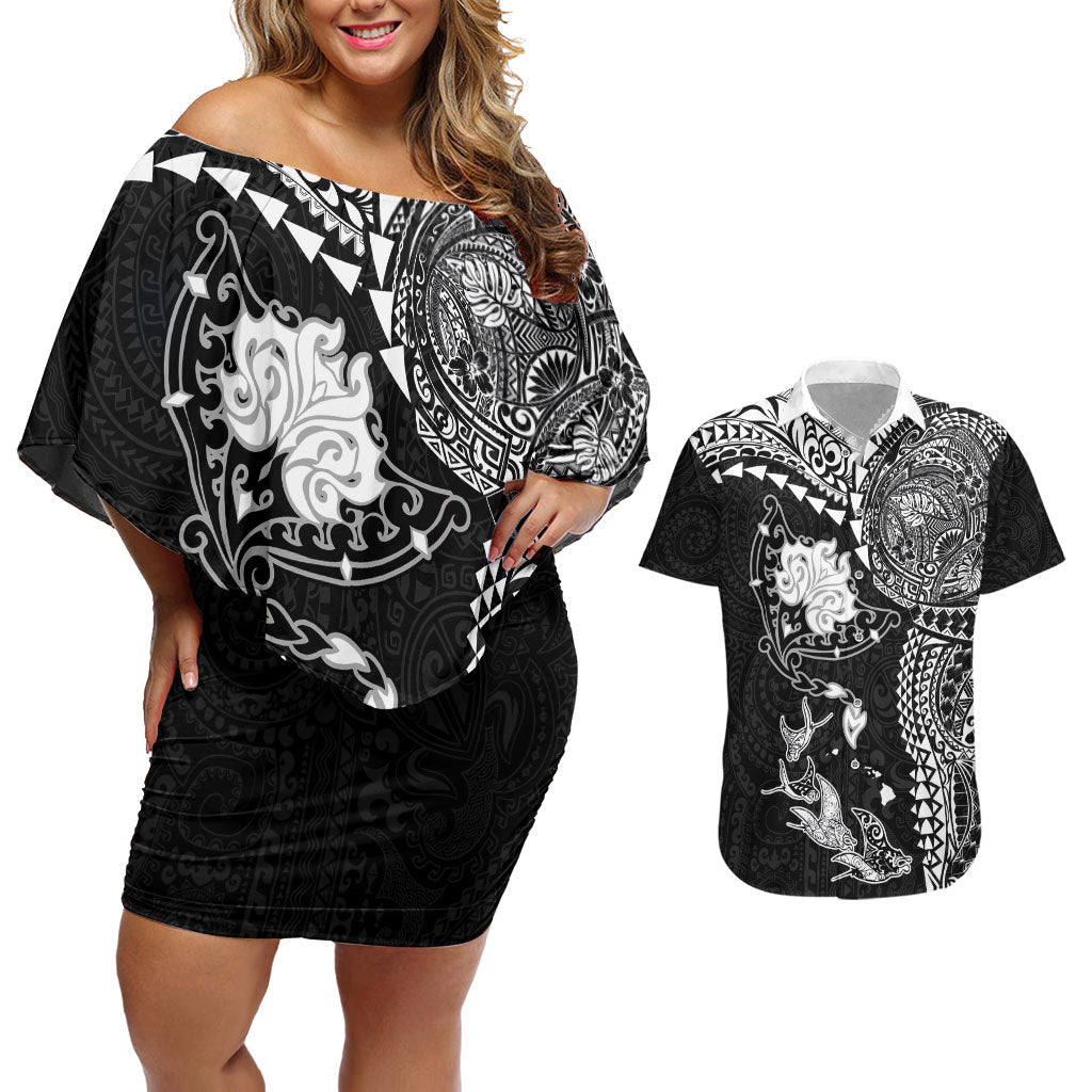 Hawaiian Manta Ray Tribal Couples Matching Off Shoulder Short Dress and Hawaiian Shirt Polynesian Art Motifs Black Color LT03 Black - Polynesian Pride