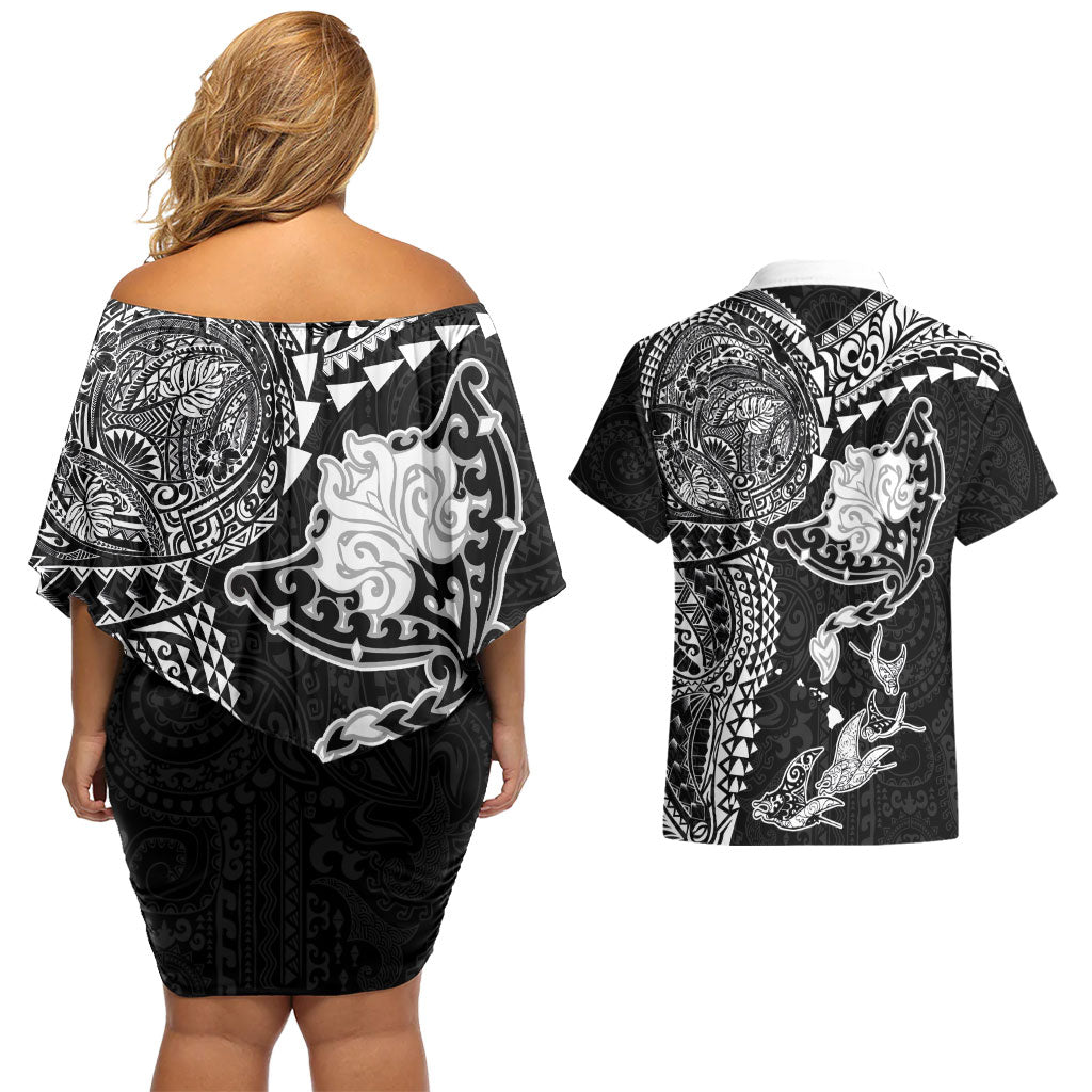 Hawaiian Manta Ray Tribal Couples Matching Off Shoulder Short Dress and Hawaiian Shirt Polynesian Art Motifs Black Color LT03 - Polynesian Pride
