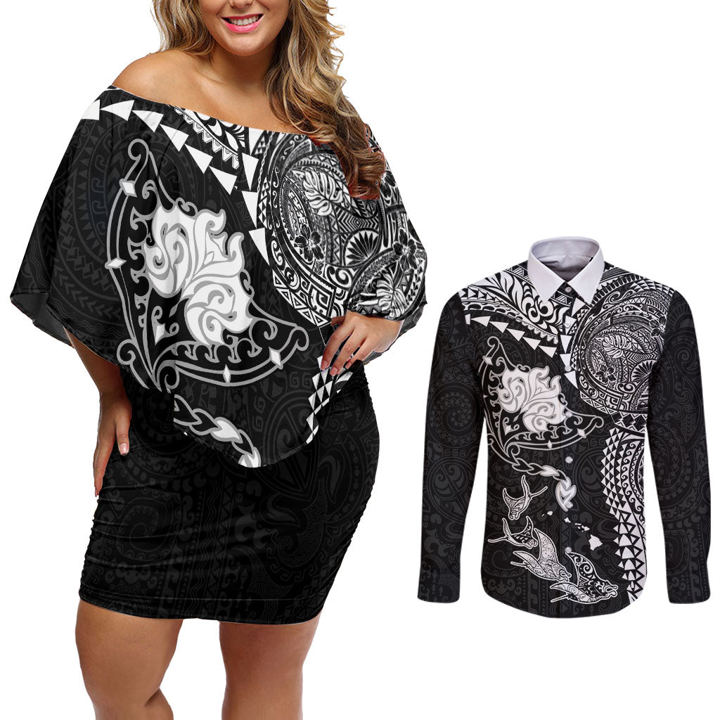 Hawaiian Manta Ray Tribal Couples Matching Off Shoulder Short Dress and Long Sleeve Button Shirt Polynesian Art Motifs Black Color
