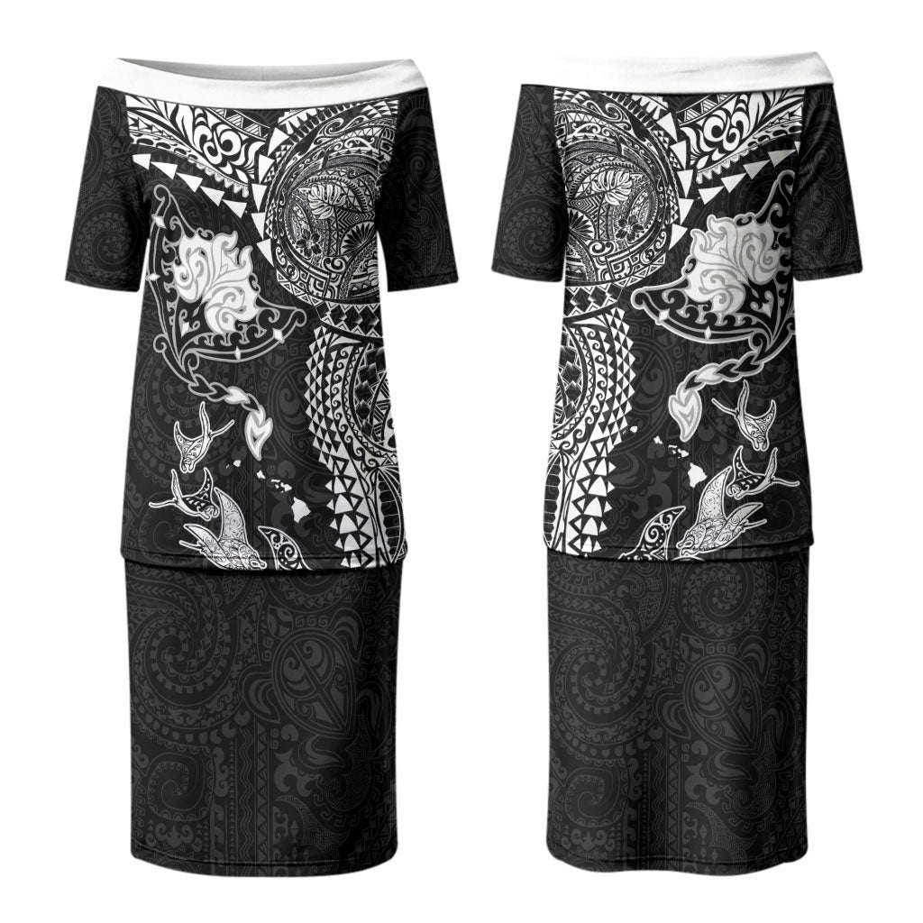 Hawaiian Manta Ray Tribal Couples Matching Puletasi and Hawaiian Shirt Polynesian Art Motifs Black Color LT03 - Polynesian Pride