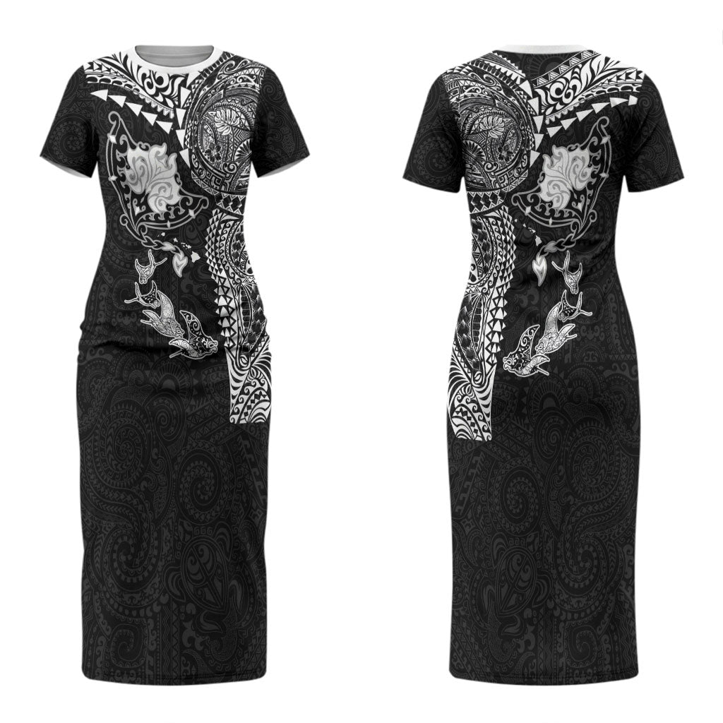 Hawaiian Manta Ray Tribal Couples Matching Short Sleeve Bodycon Dress and Hawaiian Shirt Polynesian Art Motifs Black Color LT03 - Polynesian Pride