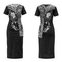 Hawaiian Manta Ray Tribal Couples Matching Short Sleeve Bodycon Dress and Hawaiian Shirt Polynesian Art Motifs Black Color LT03 - Polynesian Pride