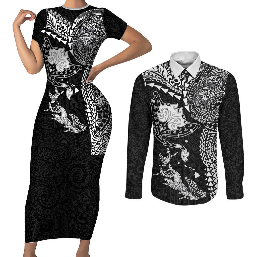 Hawaiian Manta Ray Tribal Couples Matching Short Sleeve Bodycon Dress and Long Sleeve Button Shirt Polynesian Art Motifs Black Color LT03 Black - Polynesian Pride