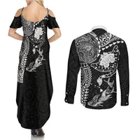 Hawaiian Manta Ray Tribal Couples Matching Summer Maxi Dress and Long Sleeve Button Shirt Polynesian Art Motifs Black Color LT03 - Polynesian Pride