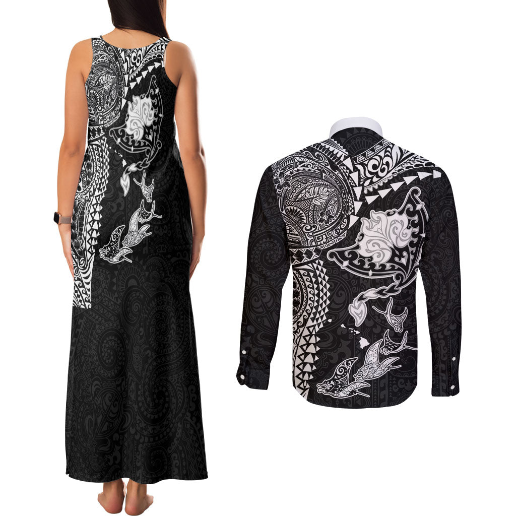 Hawaiian Manta Ray Tribal Couples Matching Tank Maxi Dress and Long Sleeve Button Shirt Polynesian Art Motifs Black Color LT03 - Polynesian Pride