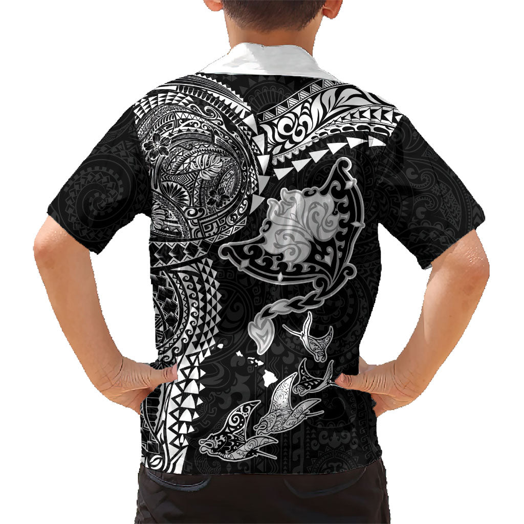 Hawaiian Manta Ray Tribal Family Matching Long Sleeve Bodycon Dress and Hawaiian Shirt Polynesian Art Motifs Black Color LT03 - Polynesian Pride