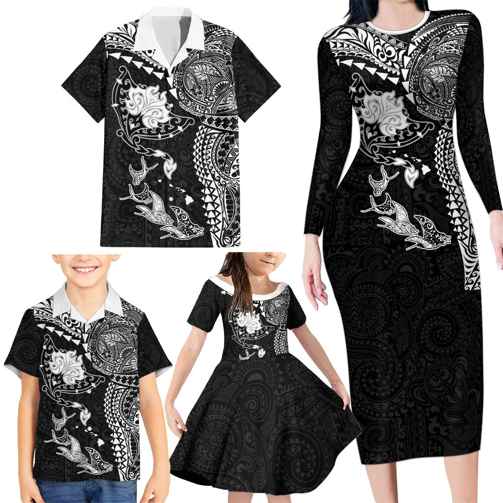 Hawaiian Manta Ray Tribal Family Matching Long Sleeve Bodycon Dress and Hawaiian Shirt Polynesian Art Motifs Black Color LT03 - Polynesian Pride