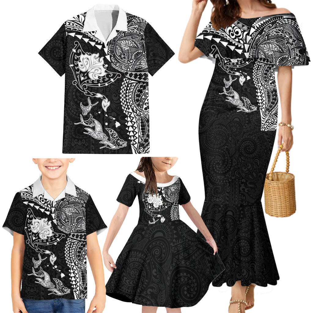 Hawaiian Manta Ray Tribal Family Matching Mermaid Dress and Hawaiian Shirt Polynesian Art Motifs Black Color